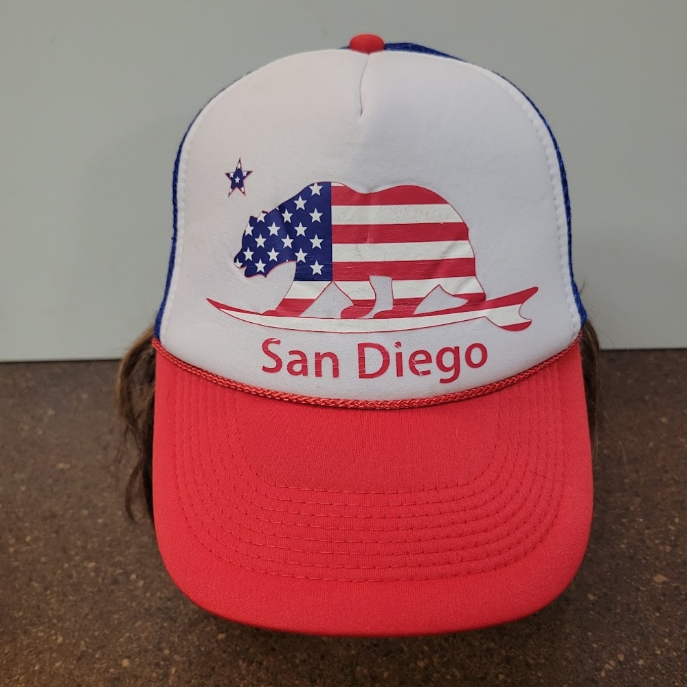 San Diego Hat Cap Snap Back Red White Blue Mesh Trucker Surfing Bear Mens USA